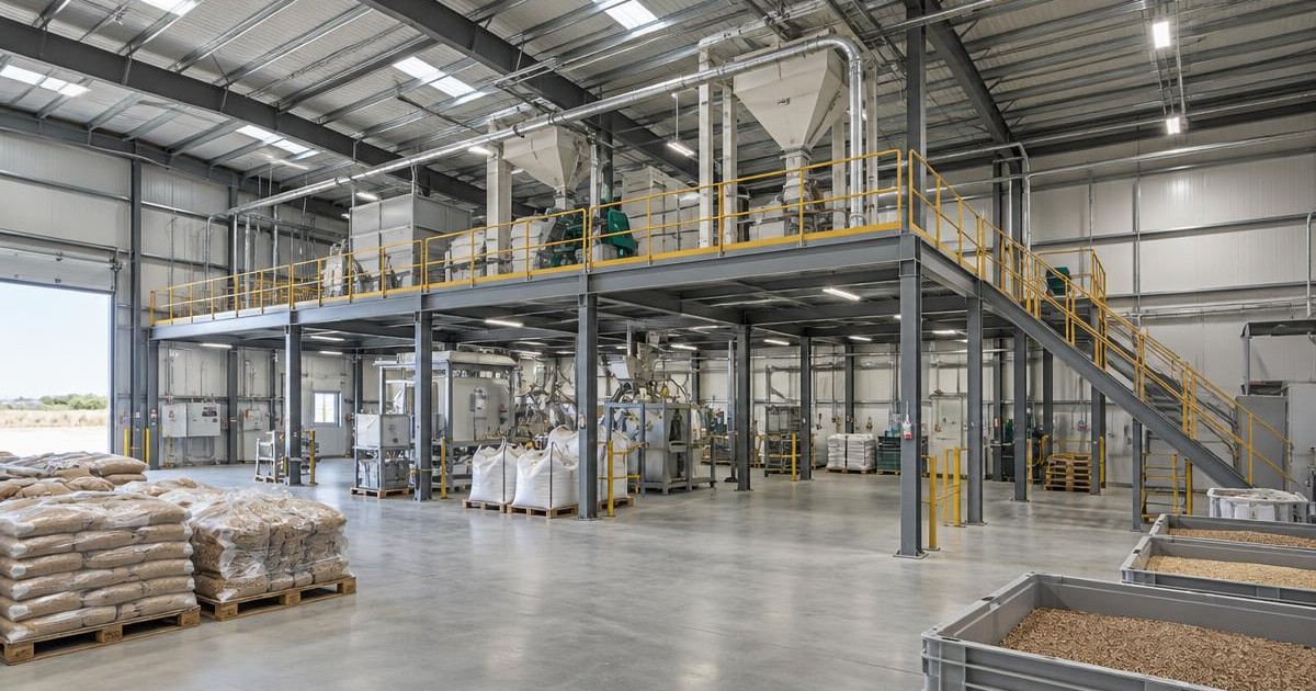 Seed processing facility with a steel mezzanine and clear working zones