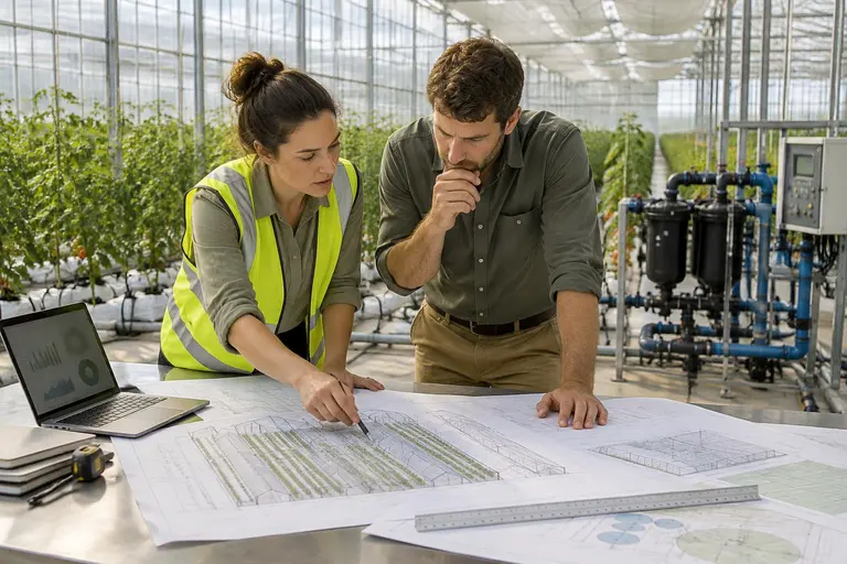 Ingénieure en irrigation et planificateur agricole examinant des plans de serre et de secteurs d'irrigation près d'une station de fertirrigation dans une serre en verre moderne