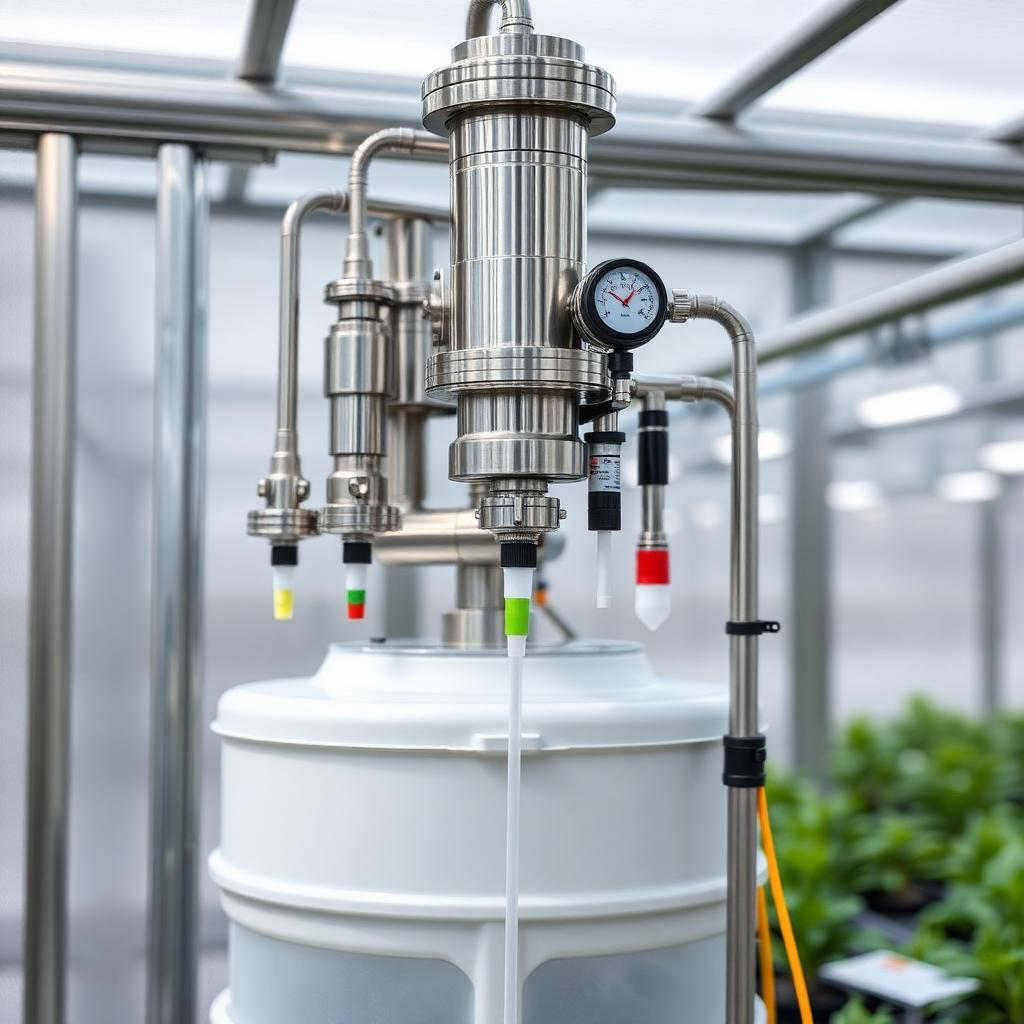 Stainless fertigation head with EC and pH probes, dosing pumps and mixing tank inside a greenhouse mechanical room