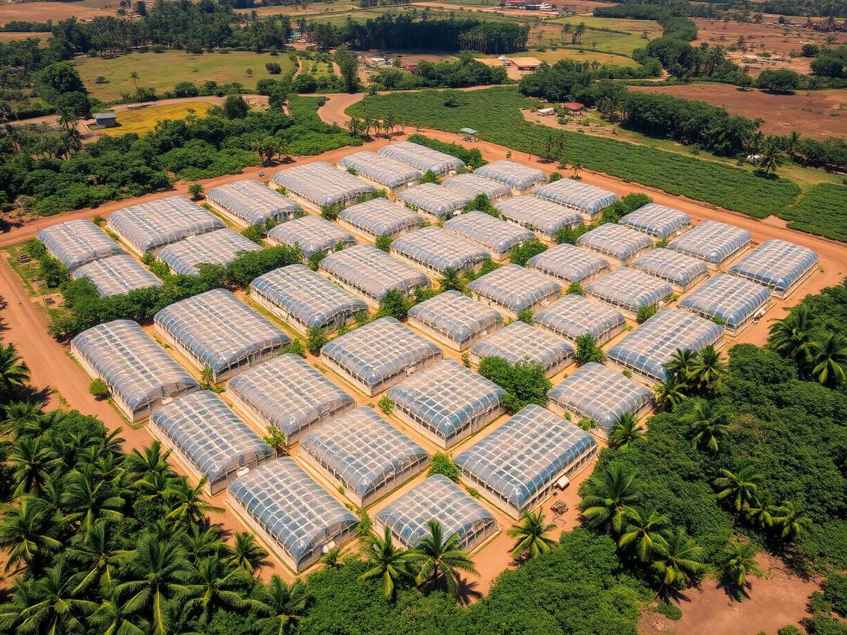 Aerial view of greenhouse cluster near Cotonou, Benin Aerial view of greenhouse cluster near Cotonou, Benin