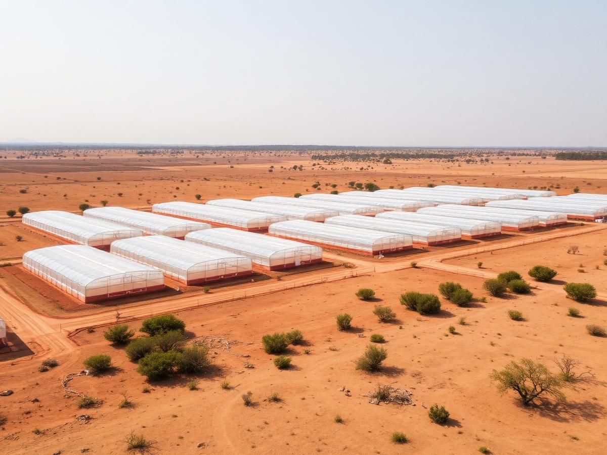 Peri-Urban Vegetable Cluster — Vegetable Greenhouse Cluster in Botswana Aerial view of a peri-urban commercial vegetable greenhouse cluster with packhouse and solar backup outside Gaborone, Botswana