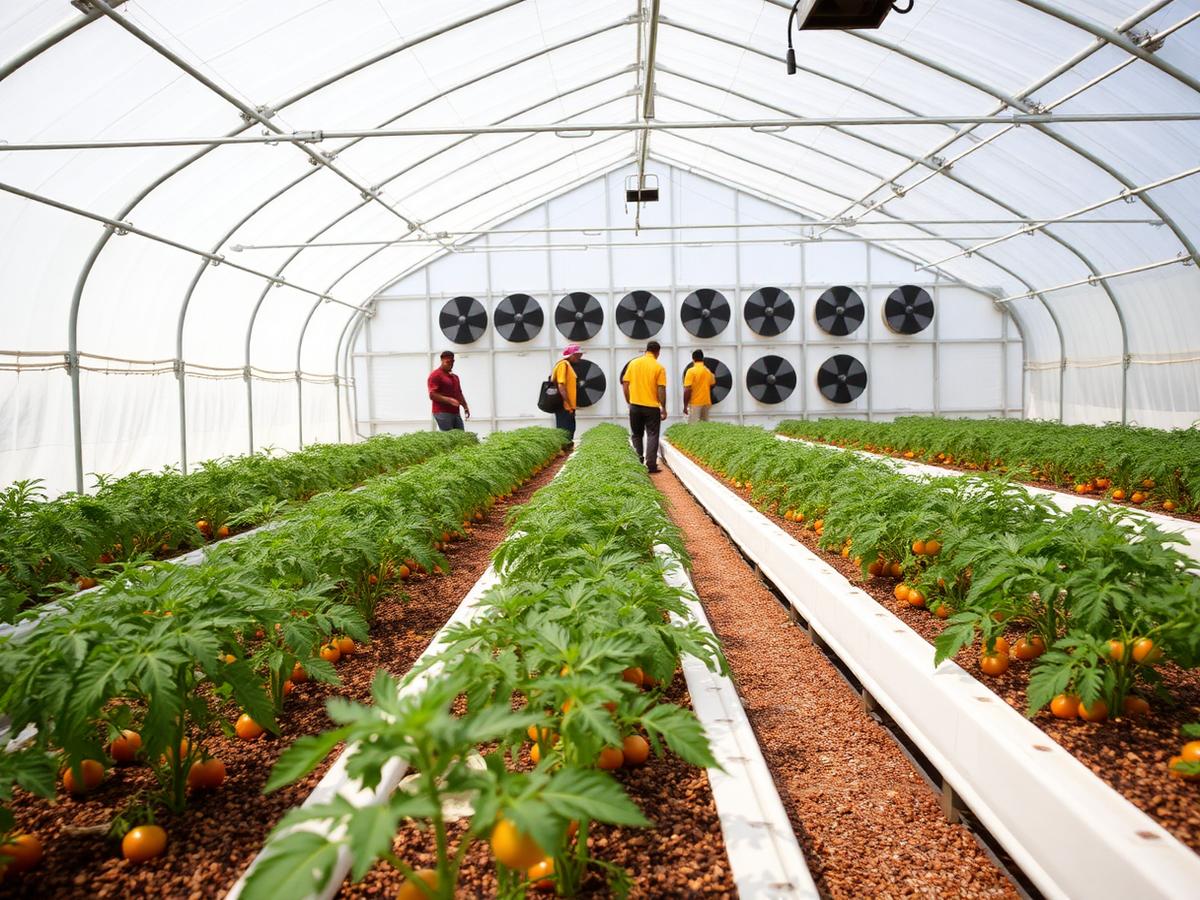 Tomato interior with pad-fan wall in Botswana greenhouse Tomato interior with pad-fan wall in Botswana greenhouse