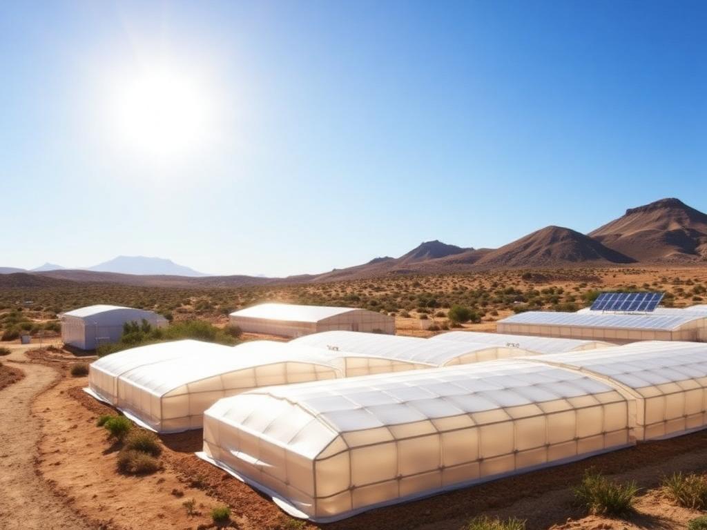 Painéis solares junto a estufas numa ilha de Cabo Verde Painéis solares junto a estufas numa ilha de Cabo Verde