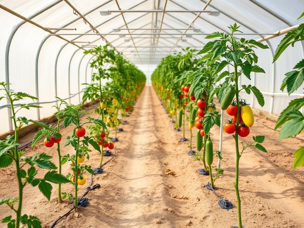 Tomates e pepinos cultivados em solo arenoso dentro de uma estufa em Cabo Verde Tomates e pepinos cultivados em solo arenoso dentro de uma estufa em Cabo Verde