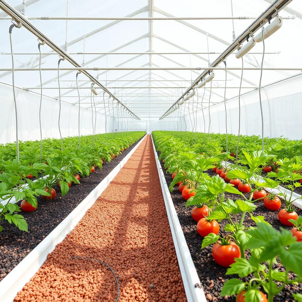 Drip-to-slab irrigation lines feeding hydroponic tomato rows inside a modern greenhouse