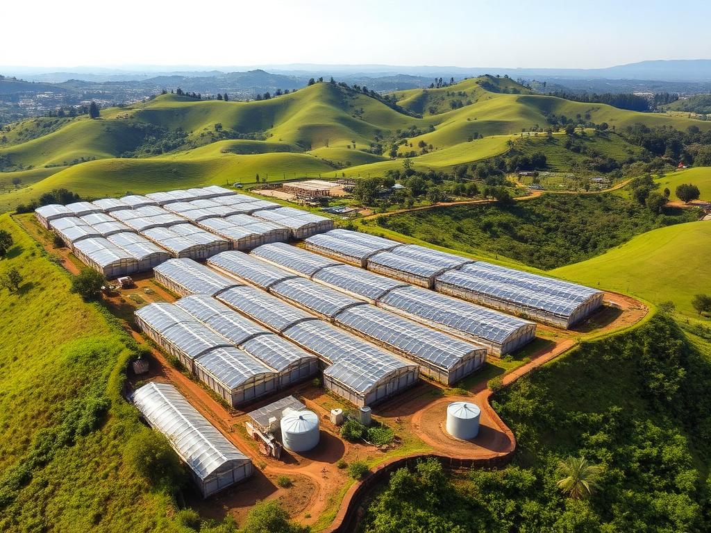 Aerial view of commercial greenhouse complex in the Kenyan highlands with rainwater harvesting tanks