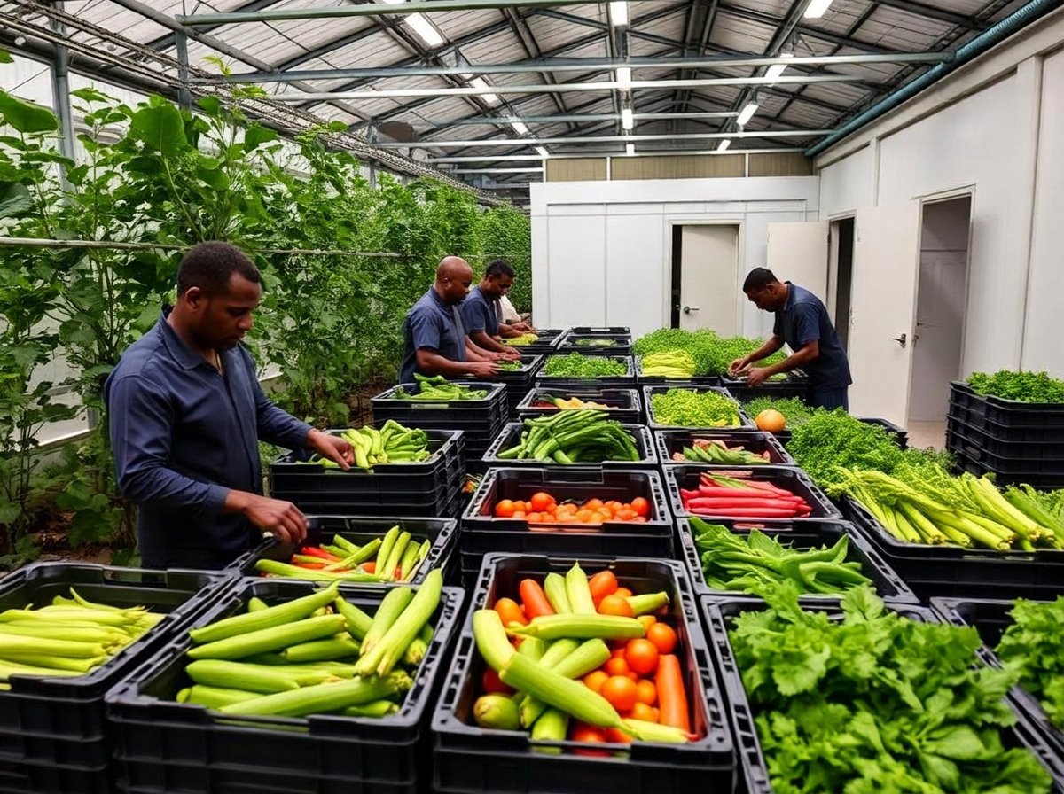 Pack-house next to a Kenyan greenhouse sorting vegetables for export Pack-house next to a Kenyan greenhouse sorting vegetables for export