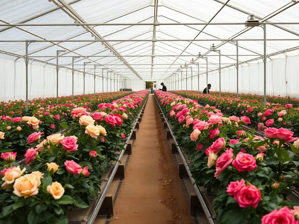Cut-flower rose greenhouse interior in Kenya with benches and diffuse light Cut-flower rose greenhouse interior in Kenya with benches and diffuse light