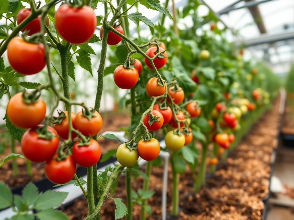 Hydroponic cherry tomato plants in coir slabs inside a Kenyan greenhouse Hydroponic cherry tomato plants in coir slabs inside a Kenyan greenhouse