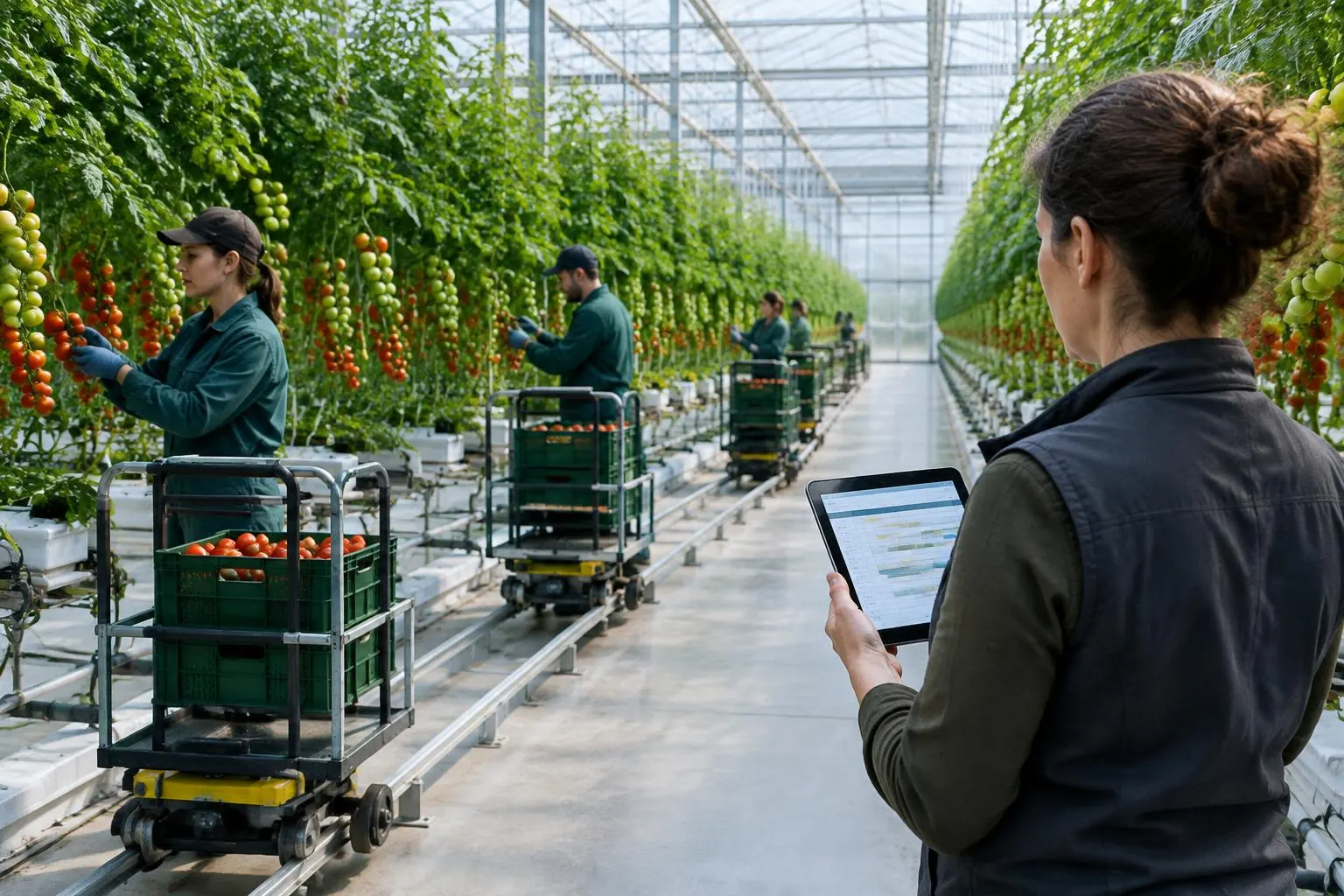 Équipe récoltant des tomates sur hauts fils sur des chariots à rails dans une serre en verre pendant qu'un superviseur vérifie le planning hebdomadaire des effectifs sur une tablette
