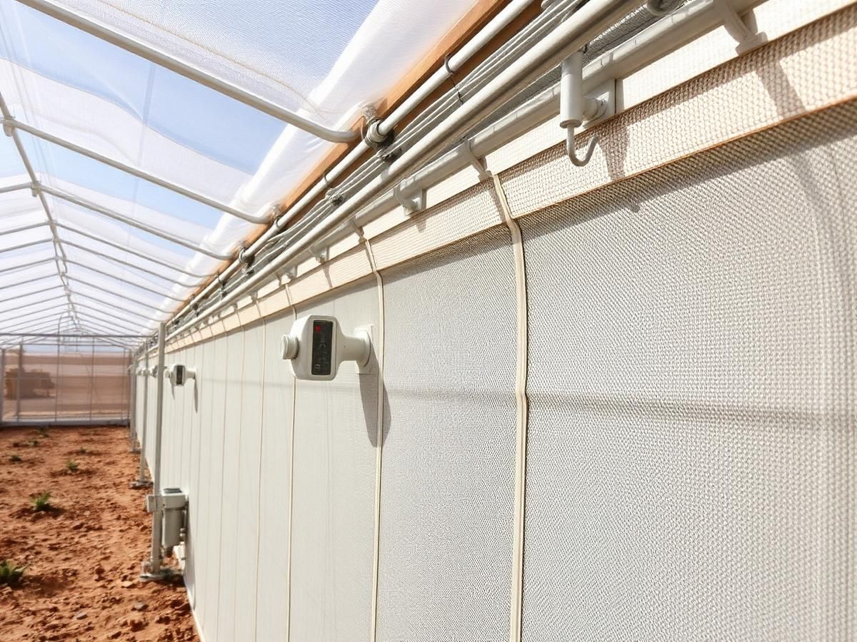 Desert Pad-and-Fan Cooling — Desert Greenhouse in Mauritania Commercial desert greenhouse in Mauritania with evaporative pad-and-fan cooling walls and desalination inlet