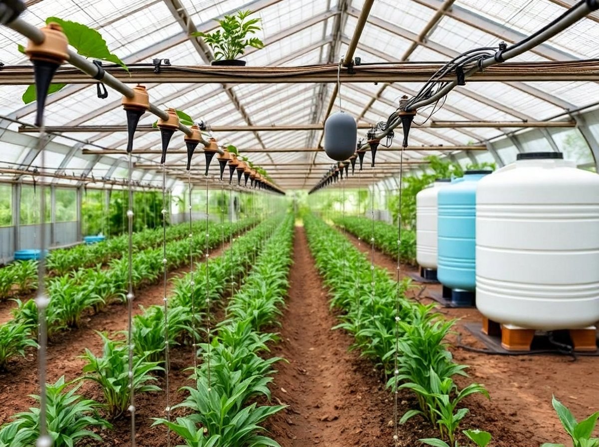 Drip irrigation and rainwater tanks inside a Mauritius greenhouse Drip irrigation and rainwater tanks inside a Mauritius greenhouse
