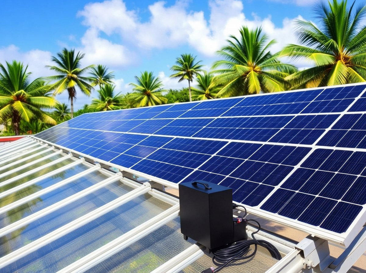 Solar PV panels on a greenhouse roof in Mauritius with palm trees Solar PV panels on a greenhouse roof in Mauritius with palm trees