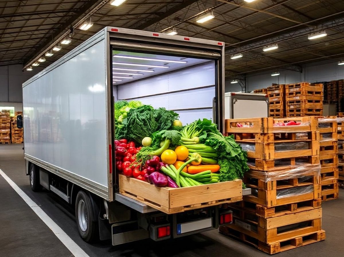 Refrigerated truck loading fresh produce from a Moroccan pack-house Refrigerated truck loading fresh produce from a Moroccan pack-house