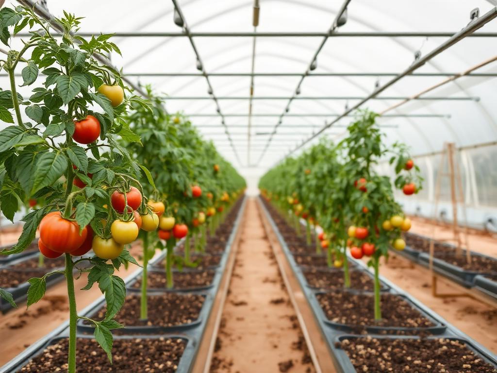 Tomato plants in substrate slabs inside a Moroccan greenhouse Tomato plants in substrate slabs inside a Moroccan greenhouse