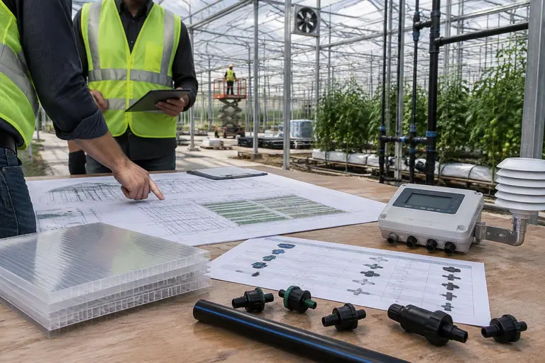 Équipe projet examinant des plans de serre et un tableau comparatif de fournisseurs à côté de plaques de couverture, de raccords goutte-à-goutte, d’un contrôleur de fertirrigation et d’un capteur climatique dans une serre en construction