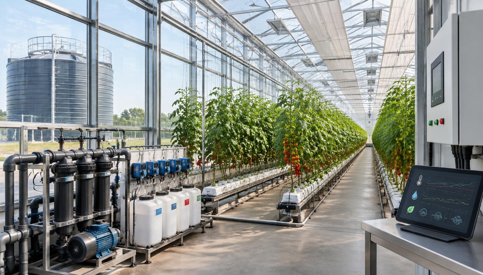 Commercial greenhouse with tomato crop, drip irrigation and fertigation head station, climate control cabinet, monitoring dashboard and outdoor water storage tank