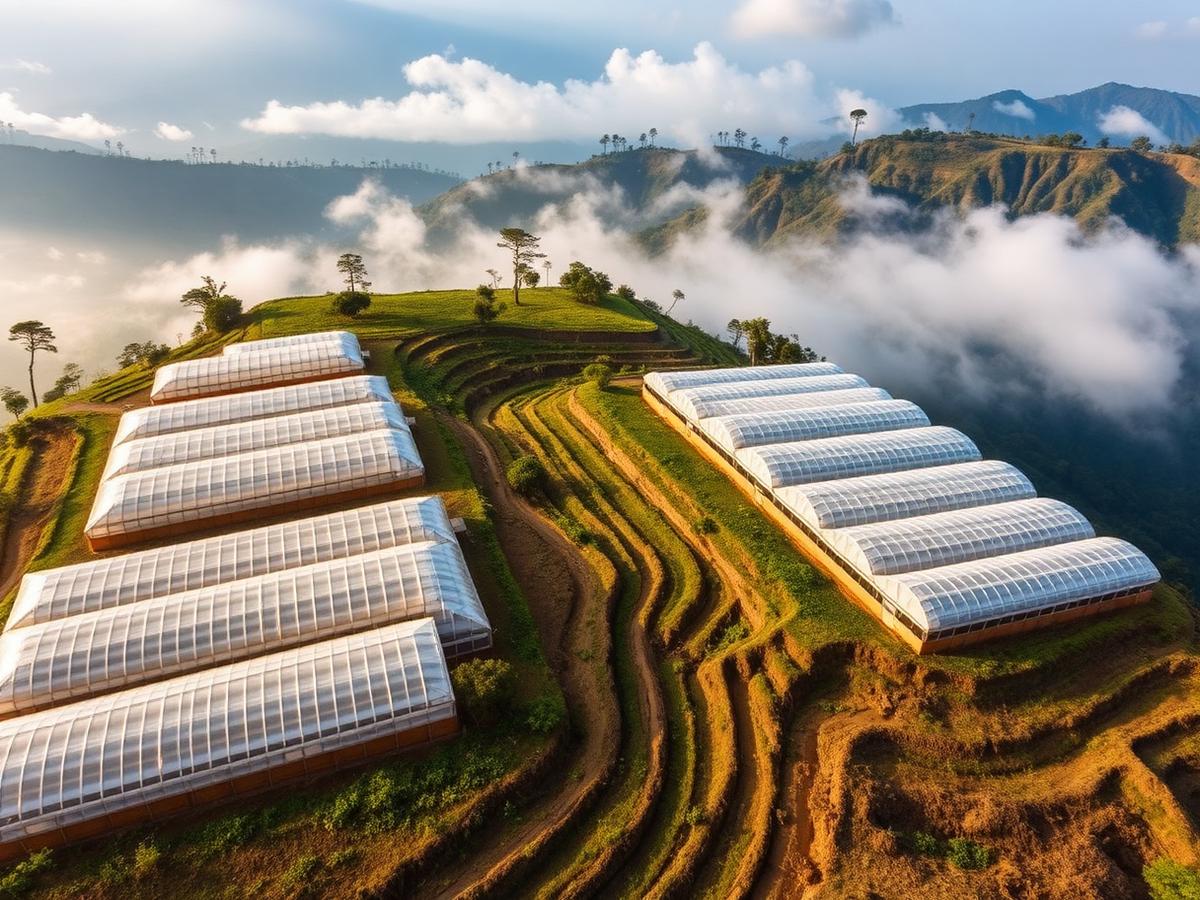 Aerial view of highland greenhouse cluster in Rwanda Aerial view of highland greenhouse cluster in Rwanda