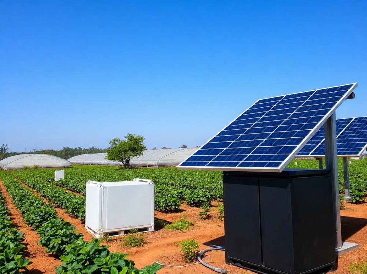 Panneaux solaires et batteries alimentant une ferme de serres au Sénégal Panneaux solaires et batteries alimentant une ferme de serres au Sénégal