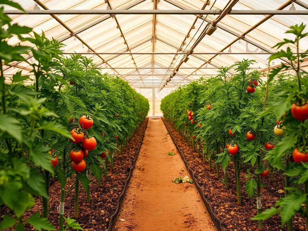 Tomates et poivrons cultivés en substrat à l'intérieur d'une serre sénégalaise Tomates et poivrons cultivés en substrat à l'intérieur d'une serre sénégalaise