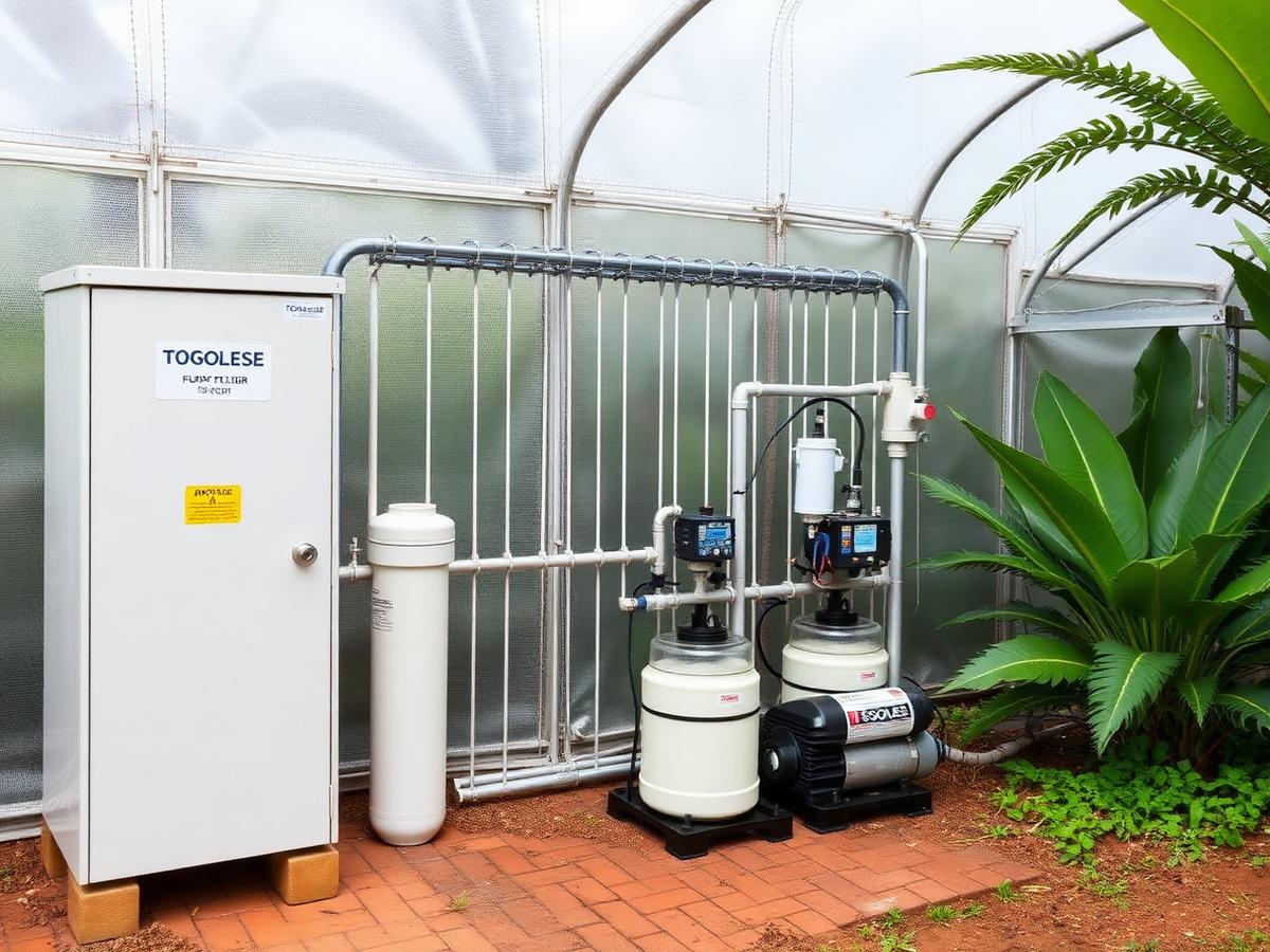 Drip fertigation station outside Togolese greenhouse Drip fertigation station outside Togolese greenhouse