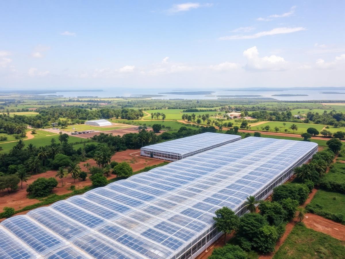 Aerial view of greenhouse cluster on Lake Victoria basin, Uganda Aerial view of greenhouse cluster on Lake Victoria basin, Uganda