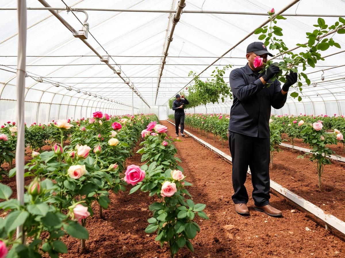 Rose Export Production — Cut-Flower Greenhouse in Zambia Rows of commercial cut-rose bushes inside a Zambian greenhouse with climate control and hydroponic substrate
