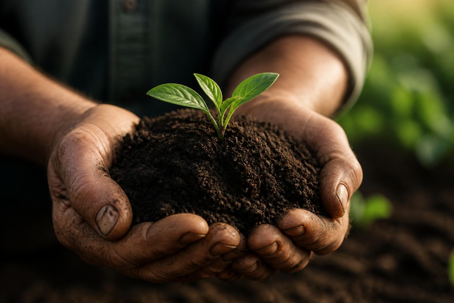 Farmer's hands holding rich soil with a green seedling