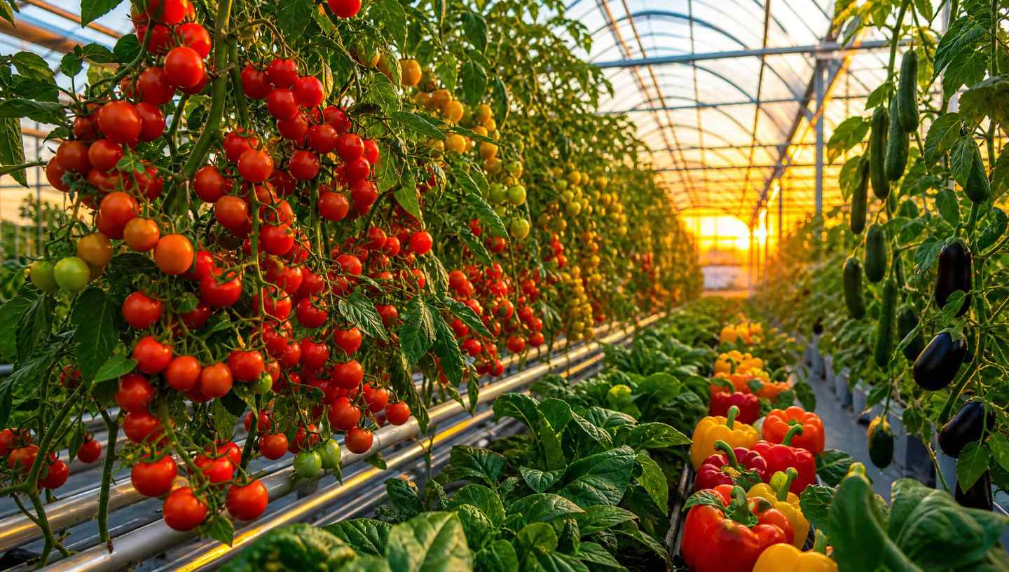 Aerial view at golden hour of an international commercial agriculture complex: modern Venlo glass greenhouses, center-pivot irrigation, seed production fields, solar arrays and water reservoirs