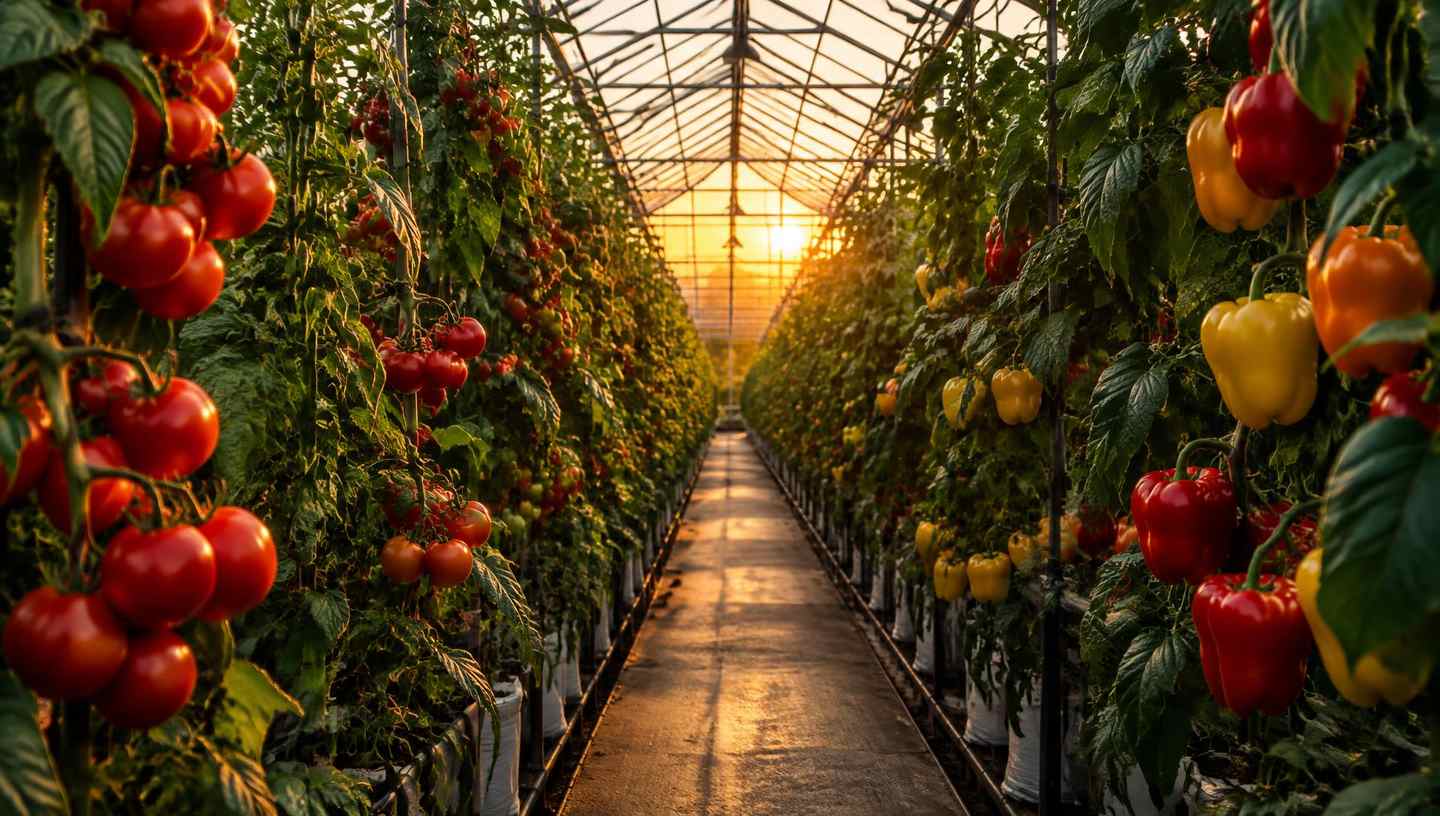 Rows of tomato vines under a glass greenhouse roof at dusk, warm light glowing at the far end of the aisle