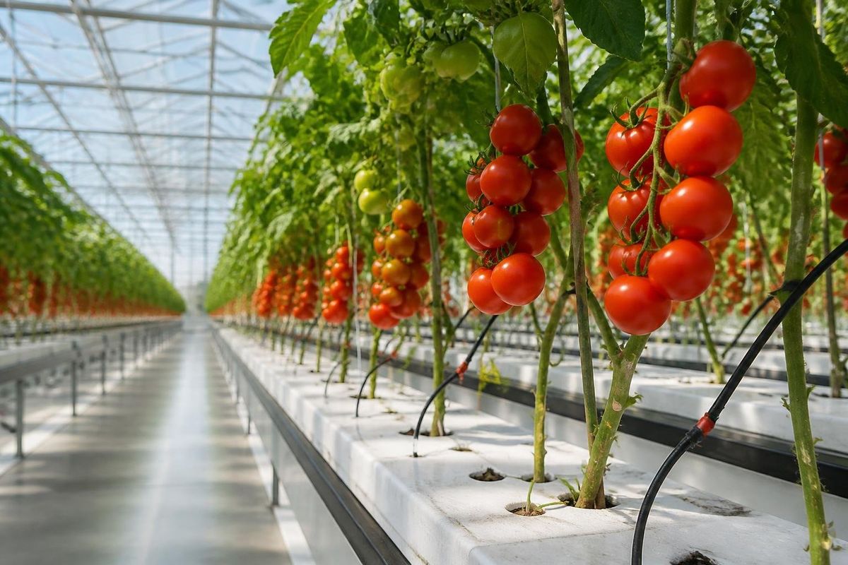Certified organic greenhouse rows with soil-based beds and biocontrol screening
