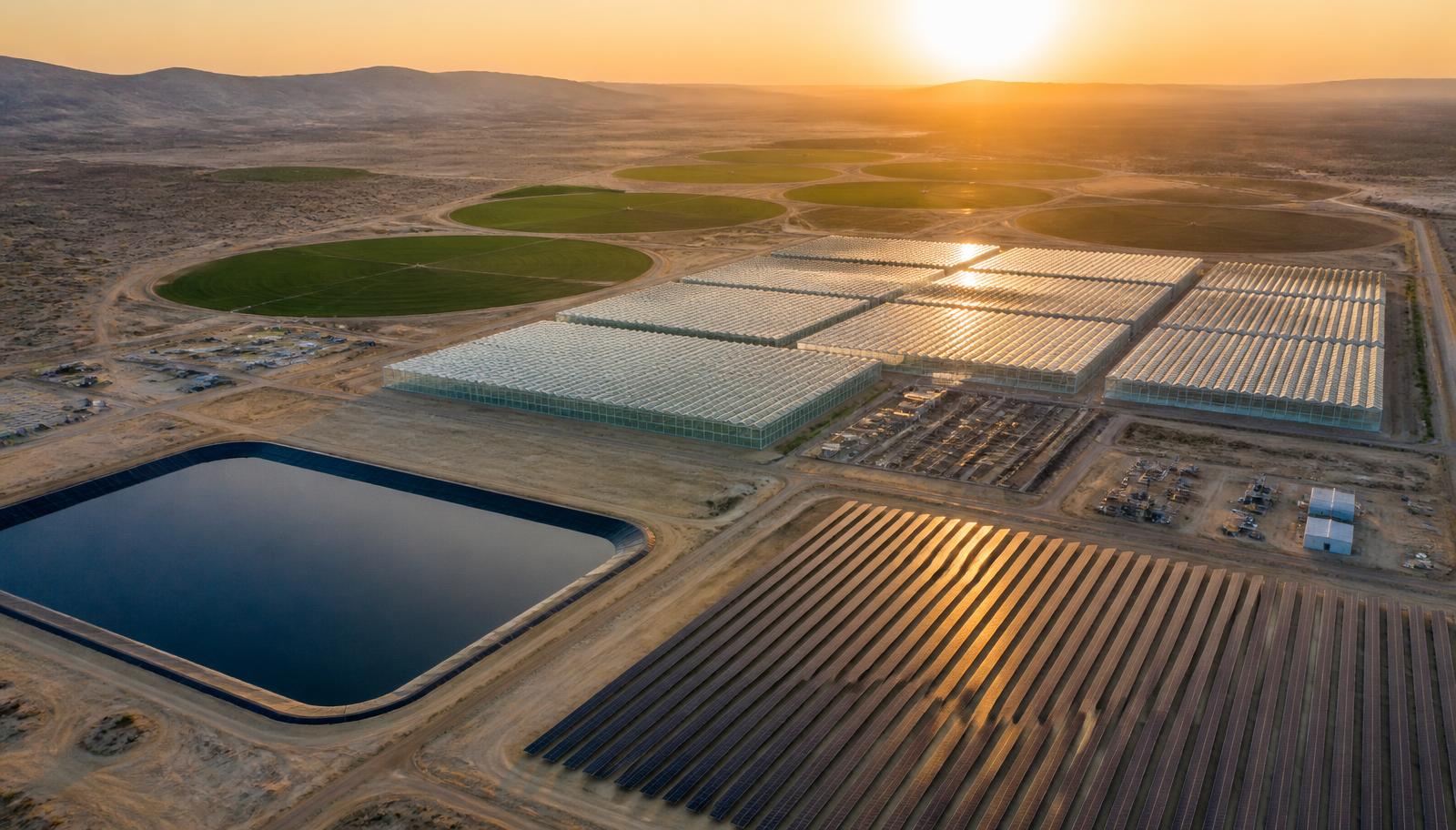 Aerial view of a large agricultural project with glass greenhouse blocks, solar array, water reservoir and pivot-irrigated fields