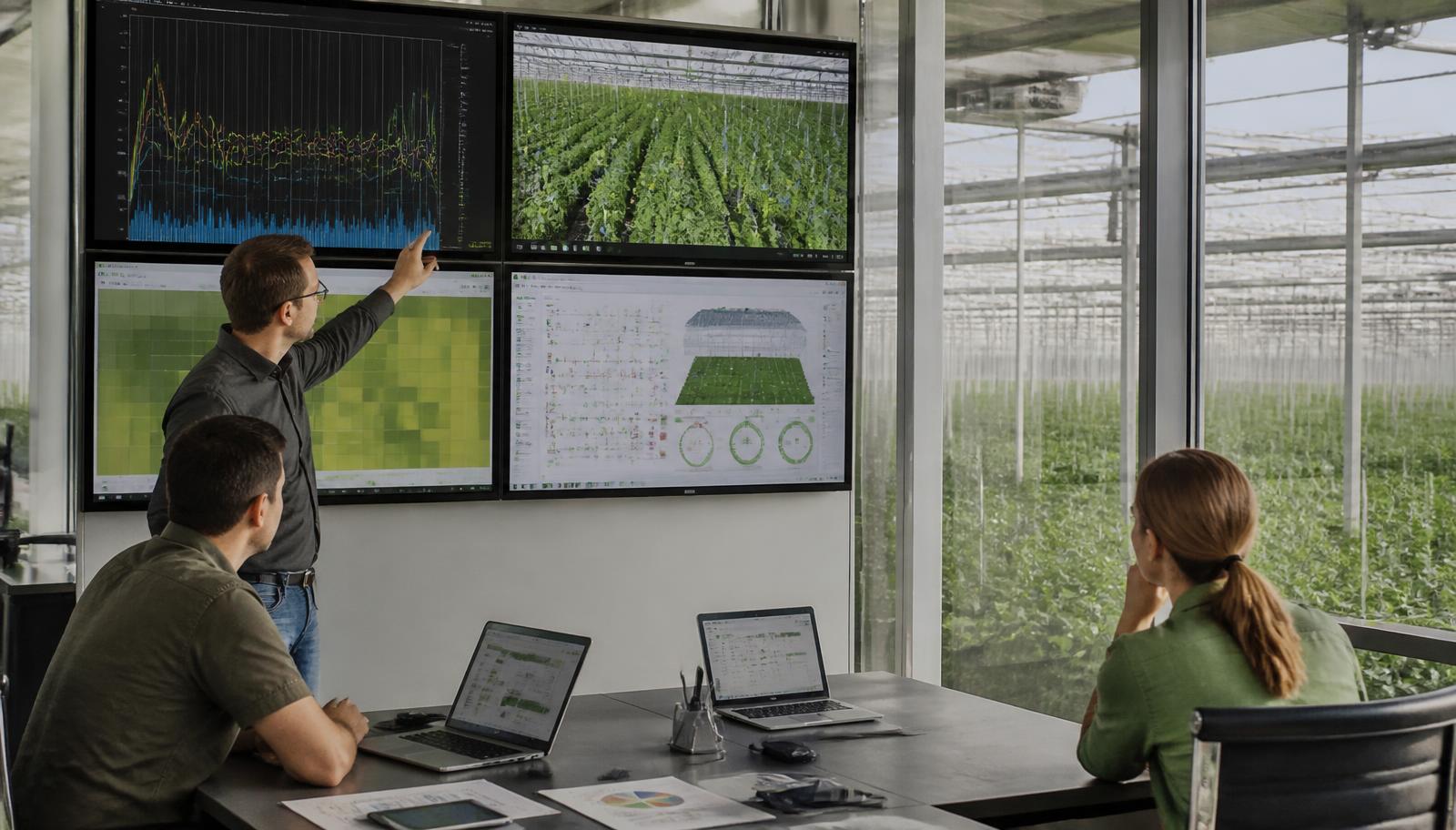 Agronomists and engineers reviewing climate, irrigation and crop-sensor dashboards in a greenhouse control room