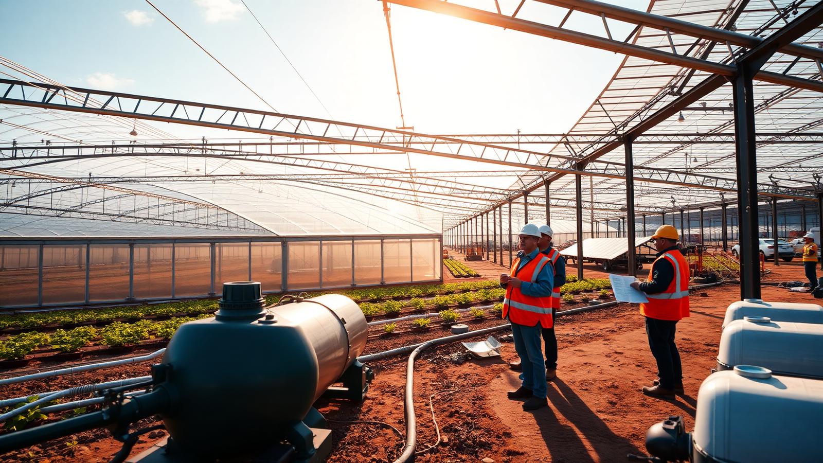 Commercial greenhouse project under construction with irrigation pipework, fertigation tanks and solar panels while engineers review project drawings on site