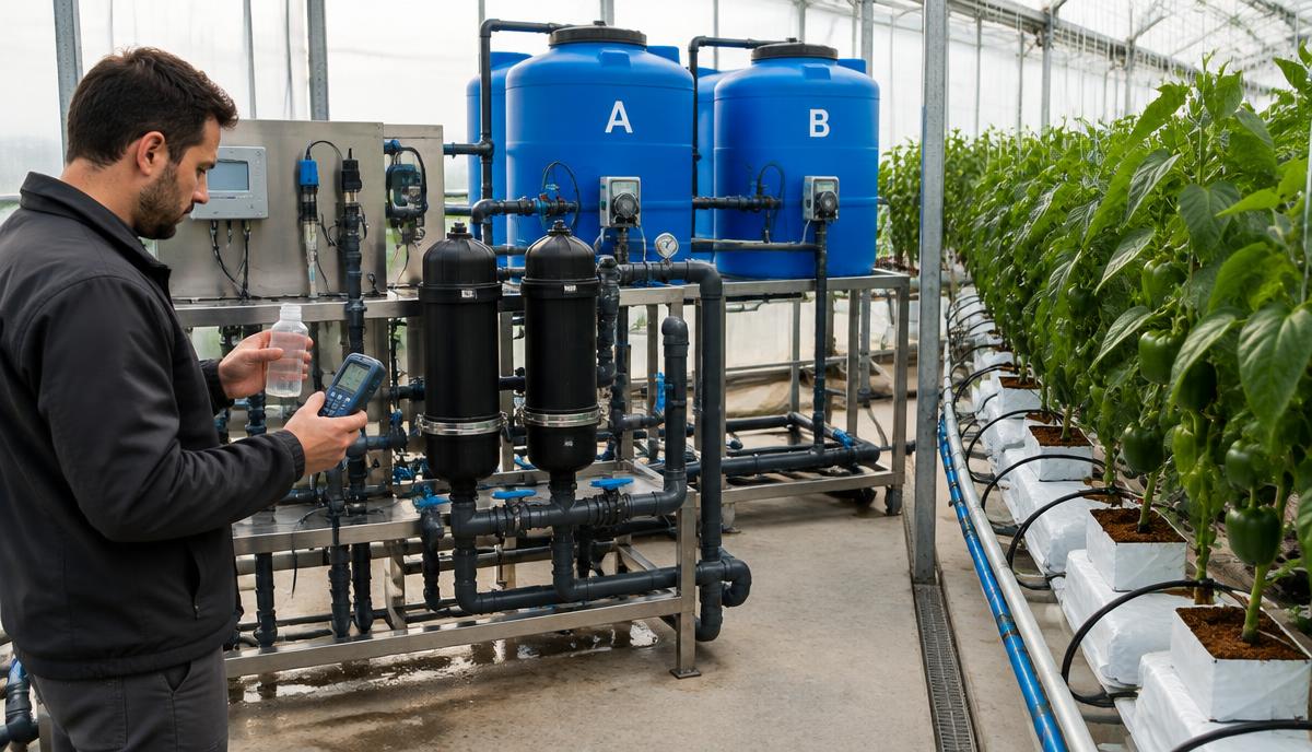 Technician holding a water sample bottle and a handheld EC meter beside a fertigation dosing unit with filters and A and B stock tanks, with drip lines feeding peppers on substrate