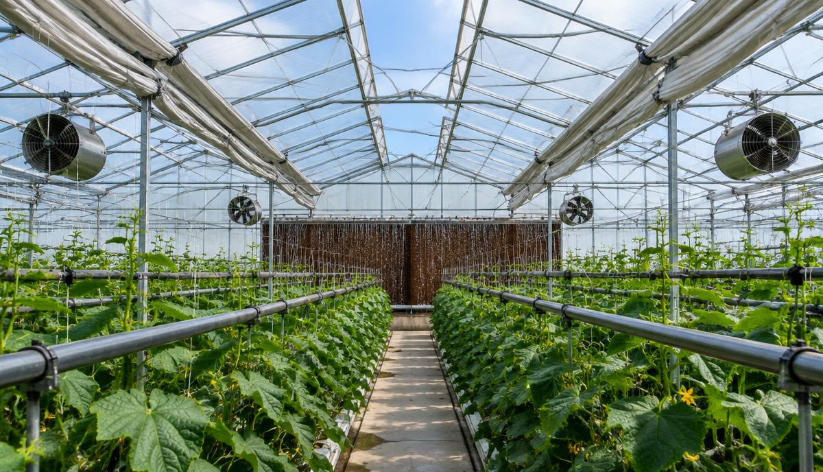 Inside a commercial cucumber greenhouse with open roof vents, retracted screens, circulation fans, heating pipe rails and a wet evaporative cooling pad wall at the far end