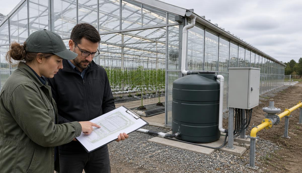 Agronomist and engineer reviewing a site plan on a clipboard beside a glass commercial greenhouse with a water tank, electrical cabinet and gas line in the foreground