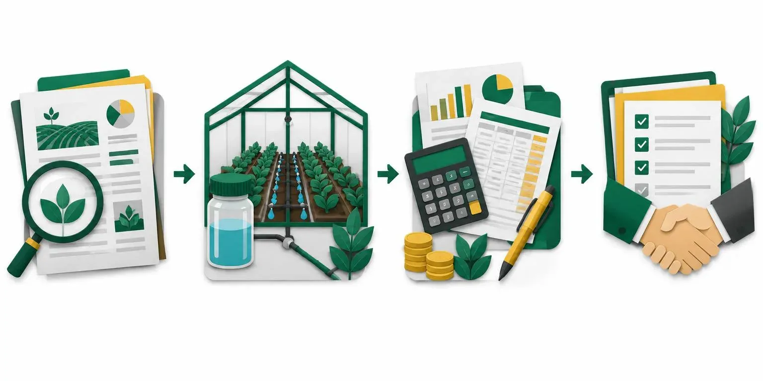 Four stages illustrated with research papers, greenhouse and water, budget calculations, and a project brief
