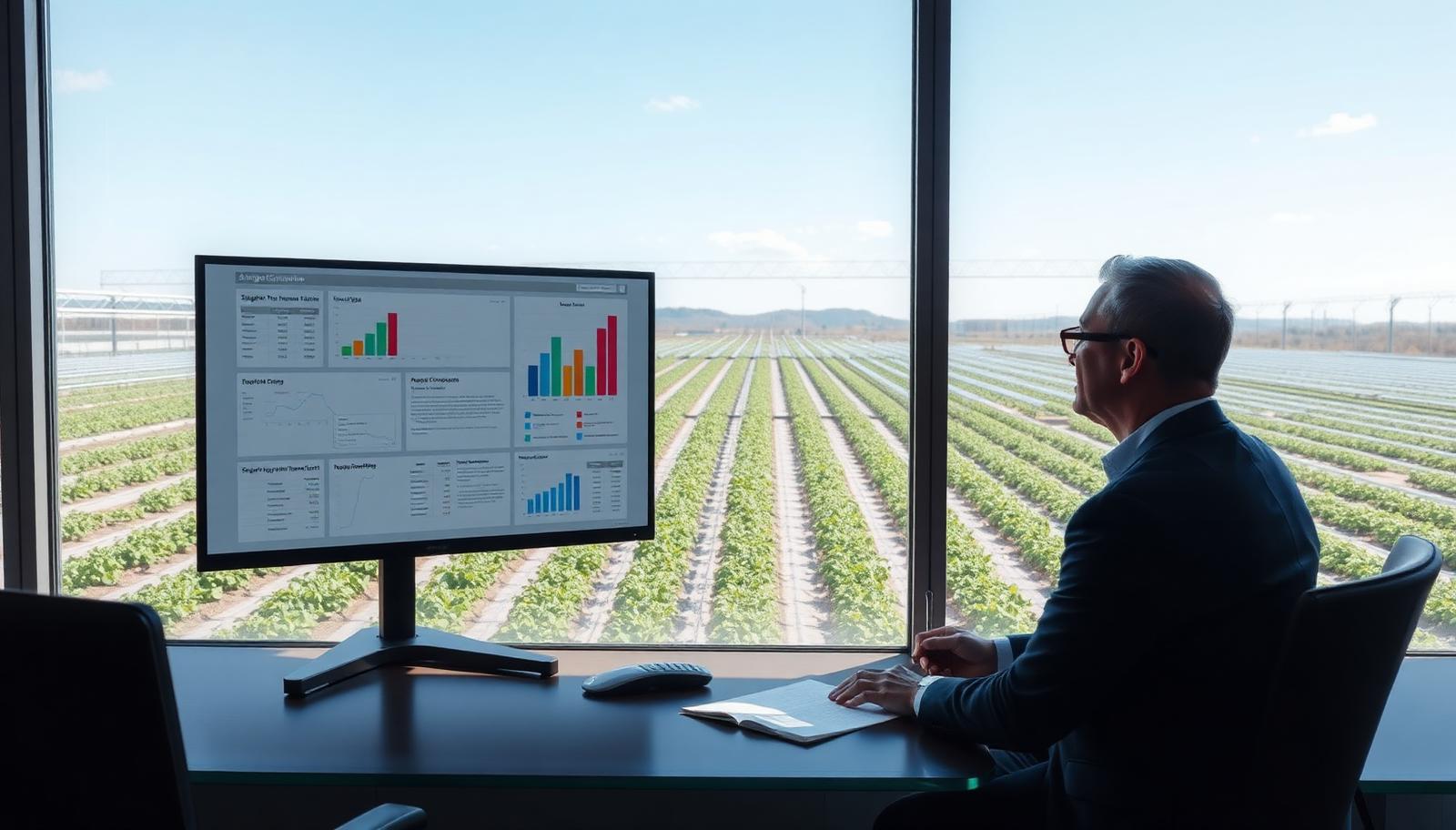 Agricultural procurement manager comparing greenhouse, irrigation and fertilizer supplier options on screen beside a commercial greenhouse project