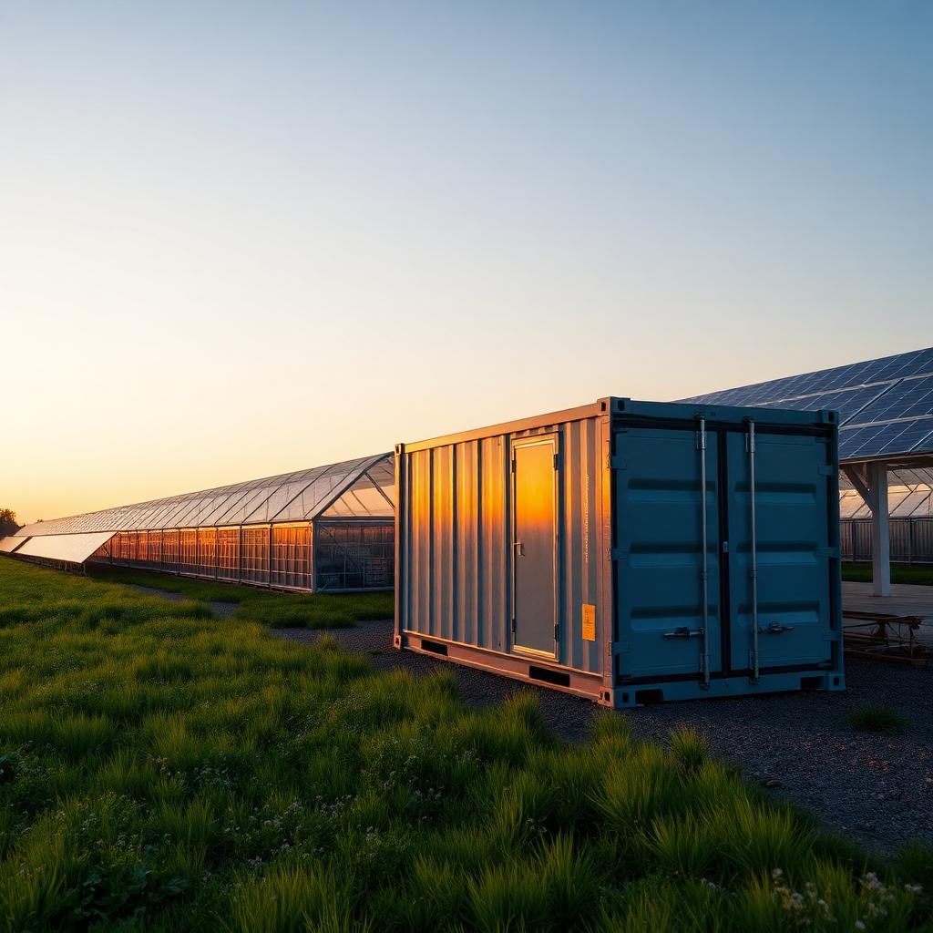 Battery energy storage container beside net-zero greenhouse and solar photovoltaic array at dusk Battery energy storage container beside net-zero greenhouse and solar photovoltaic array at dusk