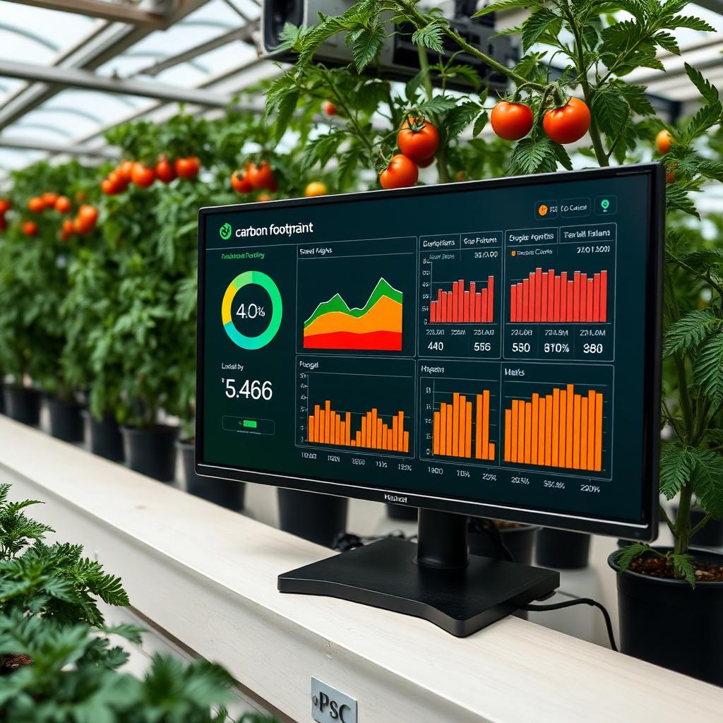 Digital carbon footprint dashboard showing CO2 per kilogram tomato inside net-zero greenhouse operations room Digital carbon footprint dashboard showing CO2 per kilogram tomato inside net-zero greenhouse operations room