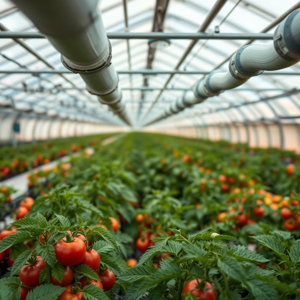 Captured biogenic CO2 enrichment distribution pipes above tomato canopy inside net-zero greenhouse Captured biogenic CO2 enrichment distribution pipes above tomato canopy inside net-zero greenhouse