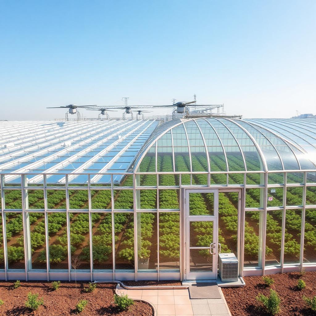Semi-closed high-tech net-zero greenhouse with air treatment corridors and rooftop solar arrays Semi-closed high-tech net-zero greenhouse with air treatment corridors and rooftop solar arrays