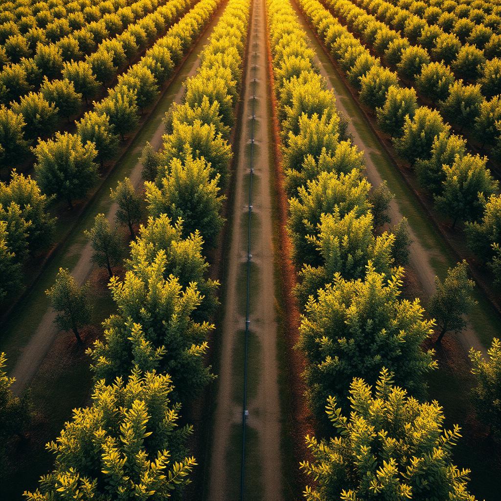 Aerial view of a citrus orchard with parallel drip irrigation lines between rows of mature trees