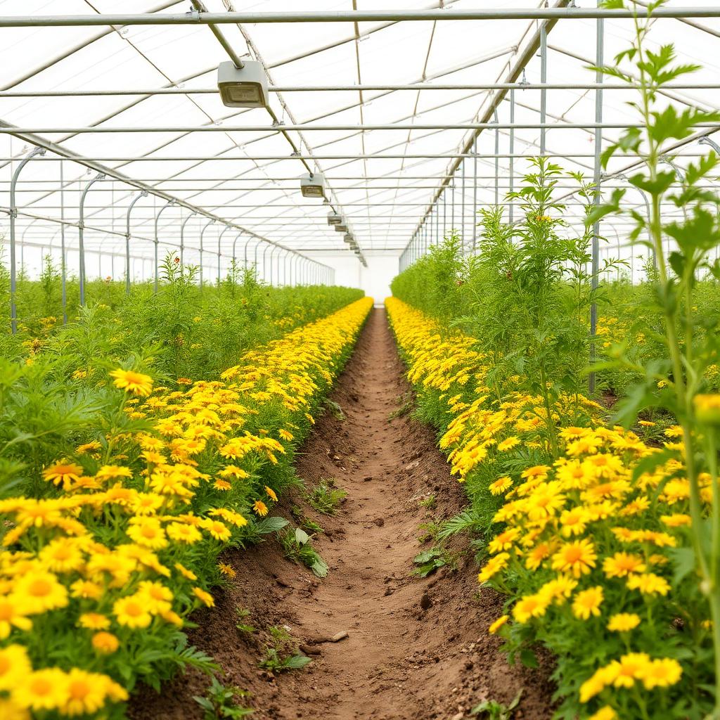 Banker plants row of flowering marigold and alyssum between organic tomato rows for beneficial insect habitat Banker plants row of flowering marigold and alyssum between organic tomato rows for beneficial insect habitat