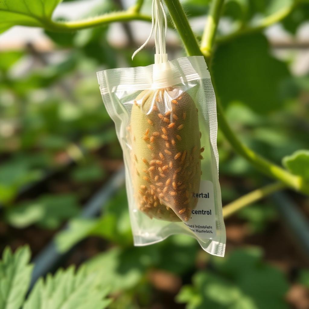 Biocontrol sachet with predatory mites hanging on cucumber leaf inside organic greenhouse IPM program Biocontrol sachet with predatory mites hanging on cucumber leaf inside organic greenhouse IPM program