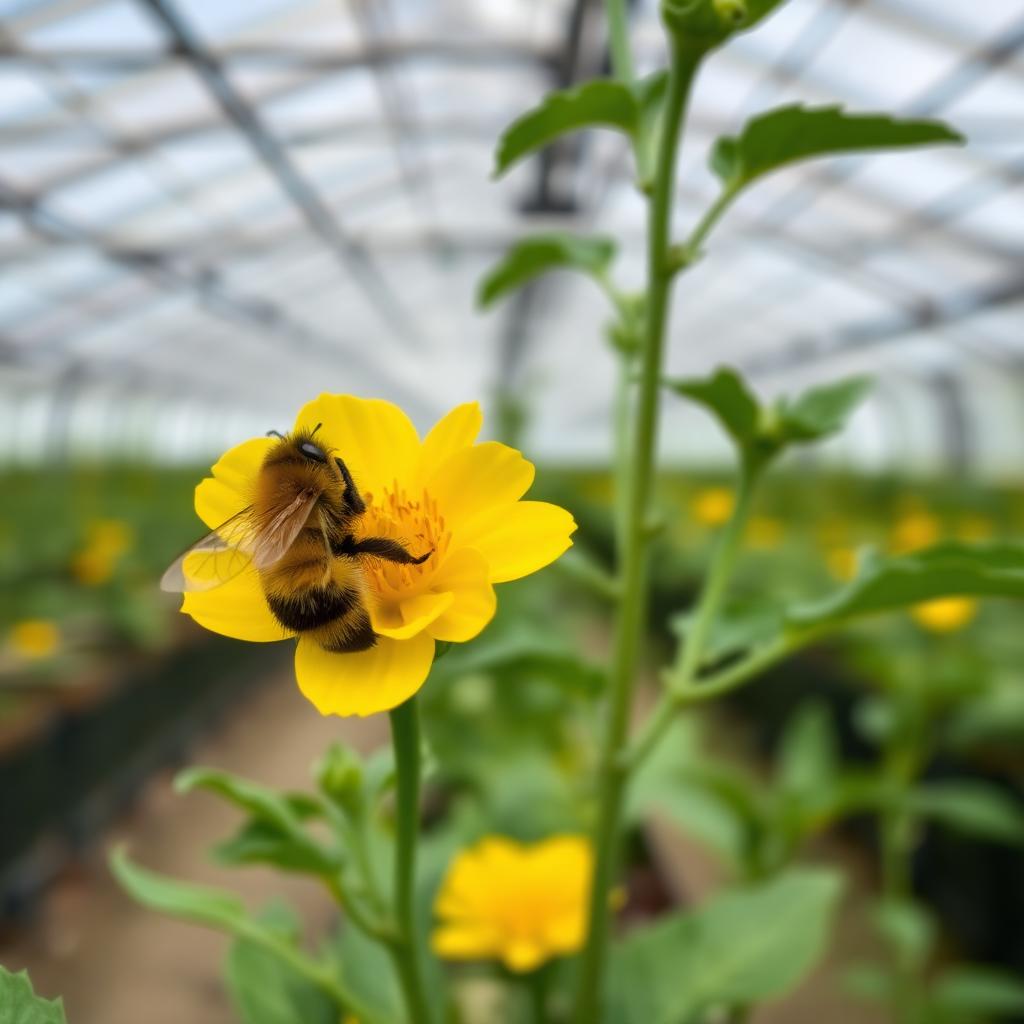 Bumblebee pollinating a yellow pepper flower inside a certified organic greenhouse Bumblebee pollinating a yellow pepper flower inside a certified organic greenhouse