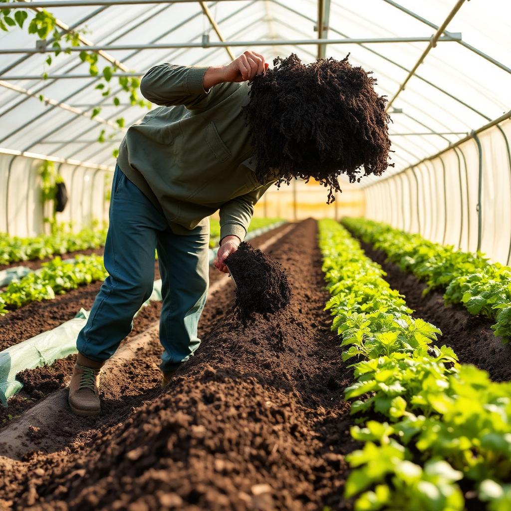 Worker spreading rich dark compost amendment along organic vegetable rows inside greenhouse Worker spreading rich dark compost amendment along organic vegetable rows inside greenhouse