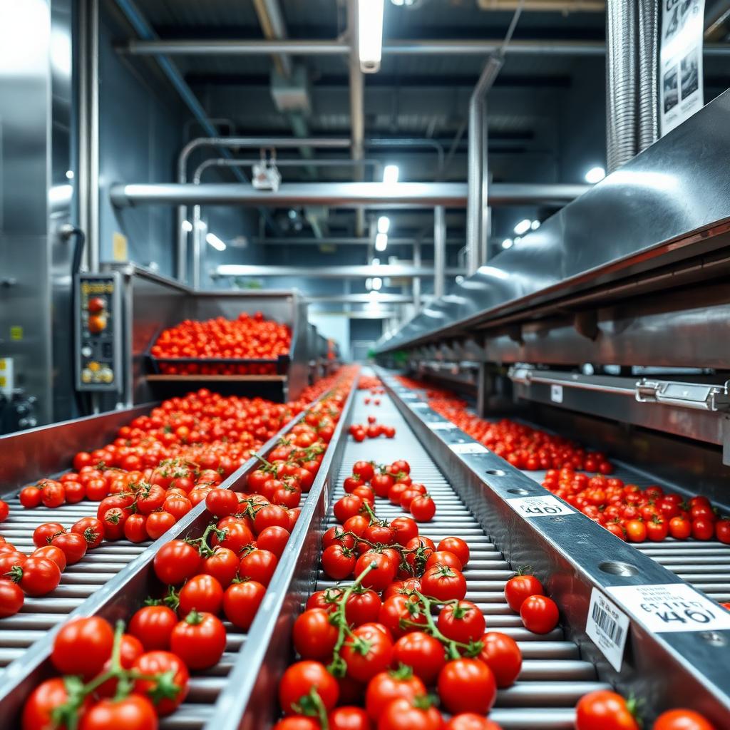 Segregated organic pack-house with stainless conveyor sorting cherry tomatoes with lot-level traceability labels Segregated organic pack-house with stainless conveyor sorting cherry tomatoes with lot-level traceability labels