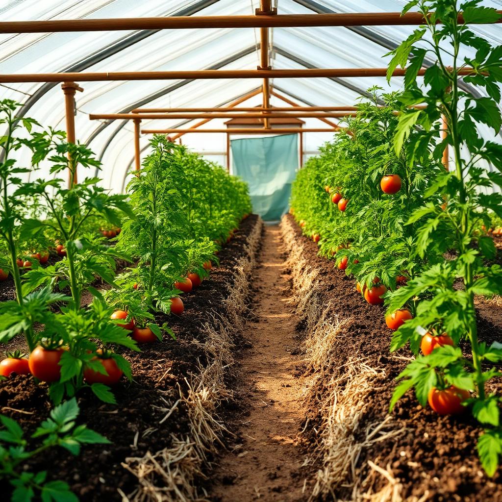 Certified organic greenhouse with soil-based tomato beds mulched with straw for EU 2018/848 compliance Certified organic greenhouse with soil-based tomato beds mulched with straw for EU 2018/848 compliance